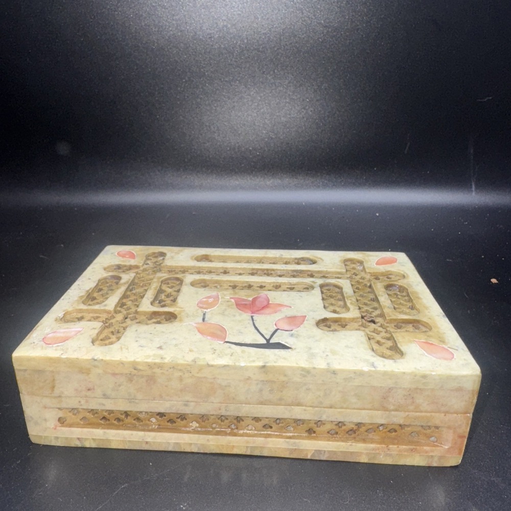 Vintage Soapstone Trinket Box Floral Inlay Made With Mother-of-Pear - Indial